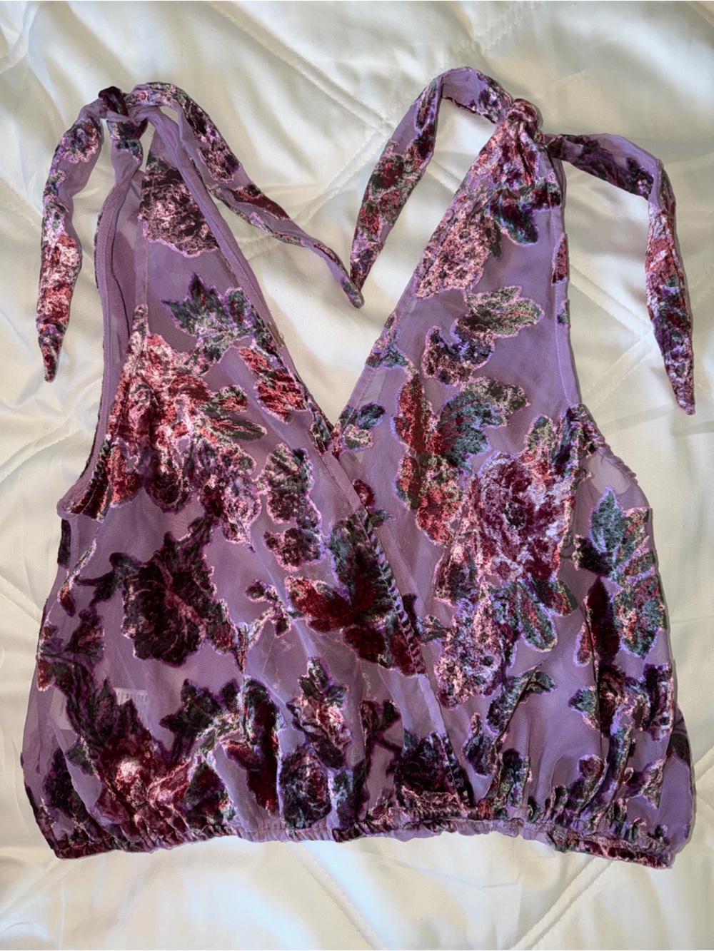 Free People Burnout Velvet Floral Tie Shoulder Bubble Hem Top Medium - Picture 2 of 6